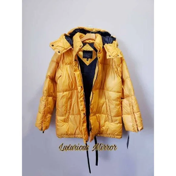 Steve Madden Women's Puffer Jacket Yellow Full Zip Hooded Mock Neck New Sz L - Picture 2 of 9